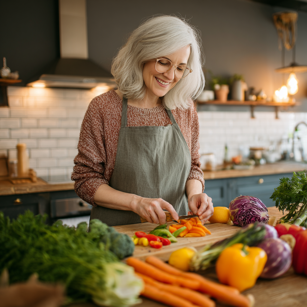 Ukrainian chef preparing healthy meals with fresh vegetables and ingredients for muscle strengthening nutrition plan